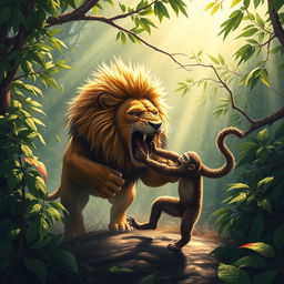 A vivid and intense scene illustrating a lion attacking a monkey in a wild jungle environment