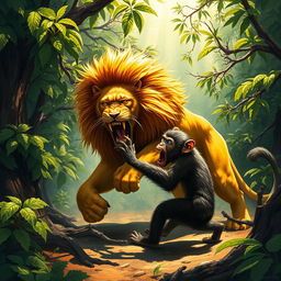 A vivid and intense scene illustrating a lion attacking a monkey in a wild jungle environment