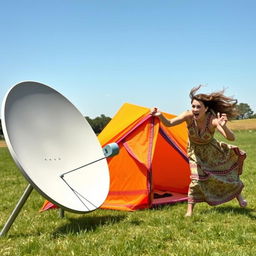 A humorous scene of a woman’s tent being hilariously pulled by a satellite dish, showcasing the dish in the foreground with a strong, playful tug towards it