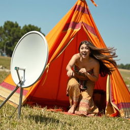 A humorous scene of a woman’s tent being hilariously pulled by a satellite dish, showcasing the dish in the foreground with a strong, playful tug towards it