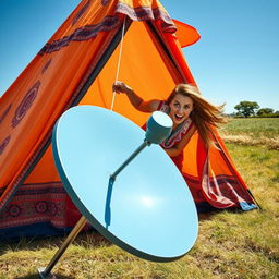 A humorous scene of a woman’s tent being hilariously pulled by a satellite dish, showcasing the dish in the foreground with a strong, playful tug towards it