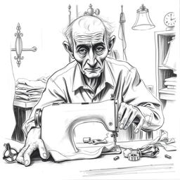 A black and white pencil sketch of a thin old man sitting behind a sewing table