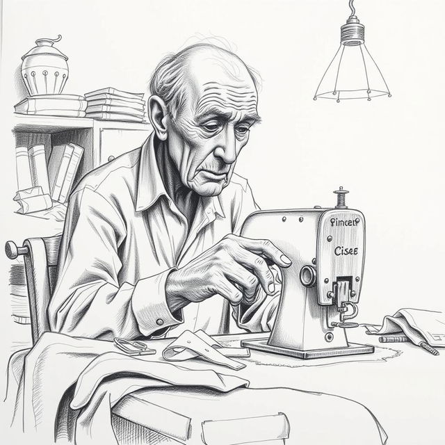 A black and white pencil sketch of a thin old man sitting behind a sewing table