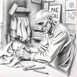A black and white pencil sketch of a thin old man sitting behind a sewing table