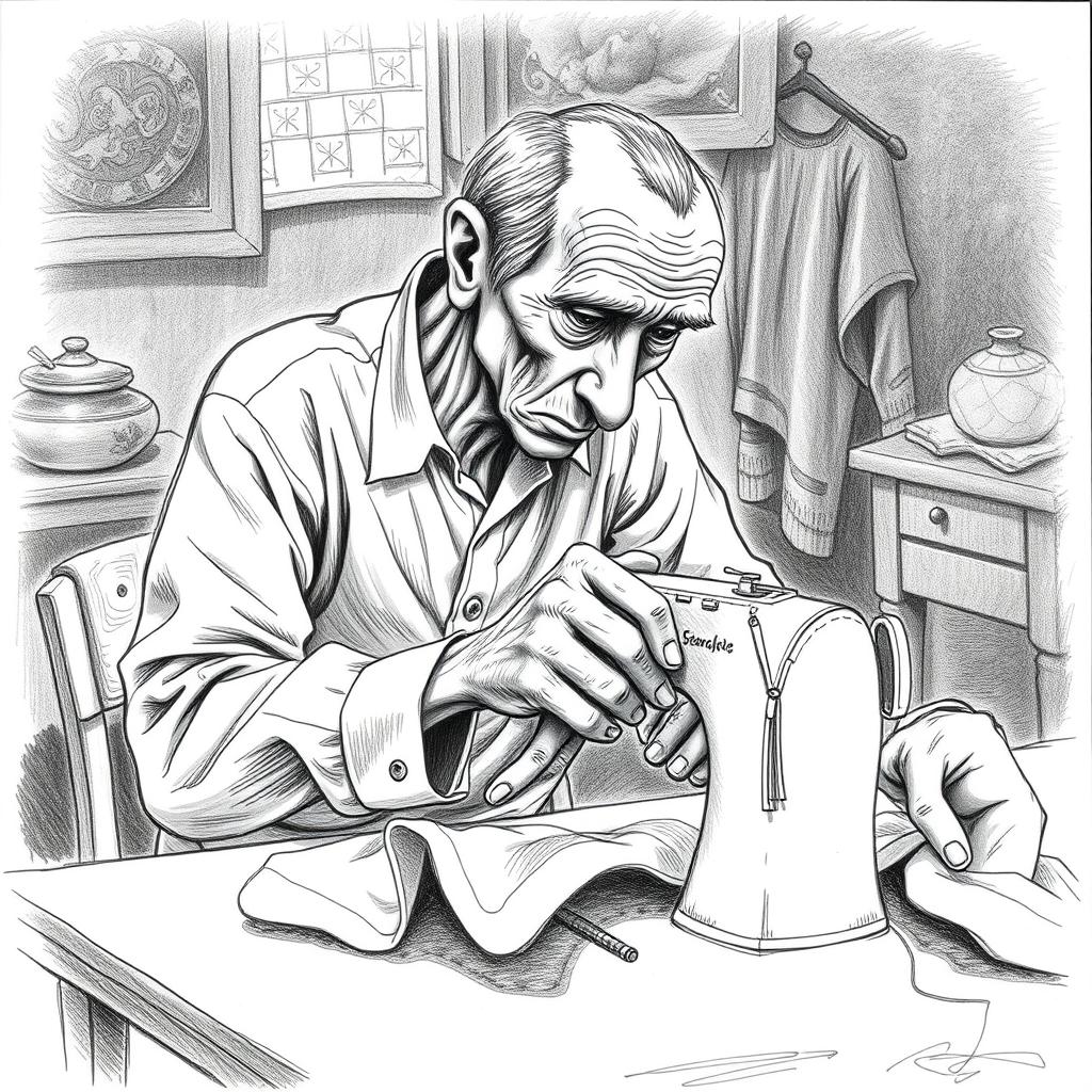 A black and white pencil sketch of a thin old man sitting behind a sewing table