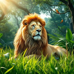 A majestic lion lounging in a lush green jungle