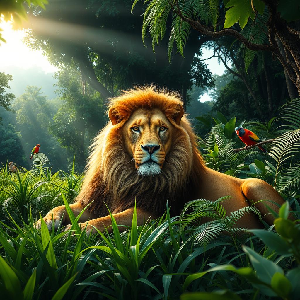 A majestic lion lounging in a lush green jungle