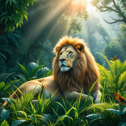 A majestic lion lounging in a lush green jungle