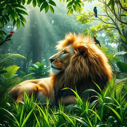 A majestic lion lounging in a lush green jungle