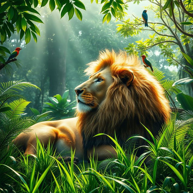 A majestic lion lounging in a lush green jungle