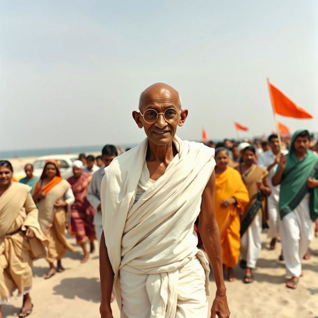 A historical scene depicting Mahatma Gandhi at the age of 61, engaging passionately in the Salt March