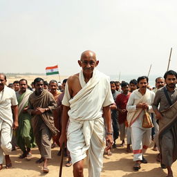 A historical scene depicting Mahatma Gandhi at the age of 61, engaging passionately in the Salt March