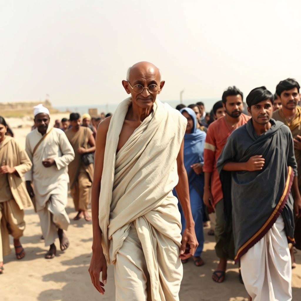 A historical scene depicting Mahatma Gandhi at the age of 61, engaging passionately in the Salt March