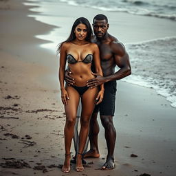 A striking full-length photoshoot of a hot and sultry couple on a dirty beach, capturing a 24-year-old Arab woman known for her beauty and confidence