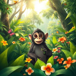 A curious monkey sitting amidst lush greenery in a vibrant jungle