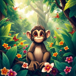 A curious monkey sitting amidst lush greenery in a vibrant jungle