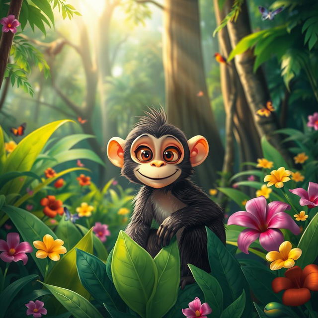 A curious monkey sitting amidst lush greenery in a vibrant jungle