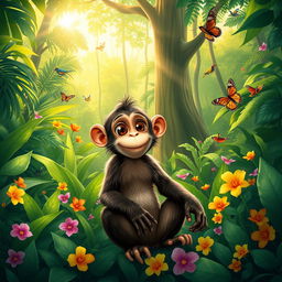 A curious monkey sitting amidst lush greenery in a vibrant jungle