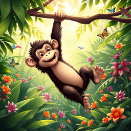 A playful monkey swinging joyfully from a branch in a lush jungle