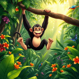 A playful monkey swinging joyfully from a branch in a lush jungle