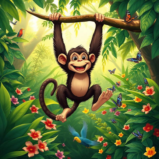 A playful monkey swinging joyfully from a branch in a lush jungle