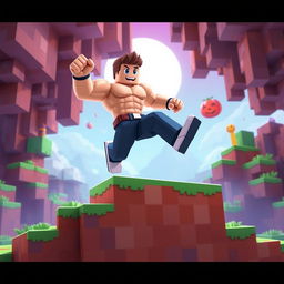 An image depicting a muscular male character, inspired by the Gigachad aesthetic, leaping over a vibrant platform in a Minecraft-like environment