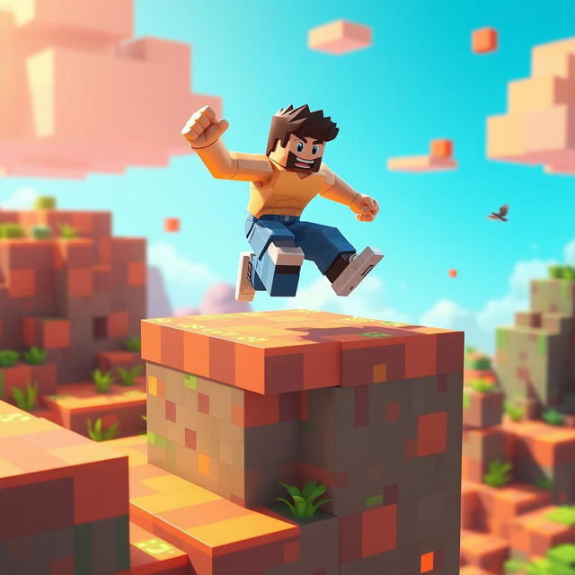 An image depicting a muscular male character, inspired by the Gigachad aesthetic, leaping over a vibrant platform in a Minecraft-like environment