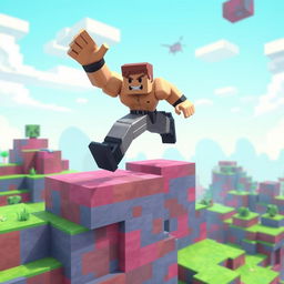 An image depicting a muscular male character, inspired by the Gigachad aesthetic, leaping over a vibrant platform in a Minecraft-like environment