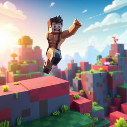 An image depicting a muscular male character, inspired by the Gigachad aesthetic, leaping over a vibrant platform in a Minecraft-like environment