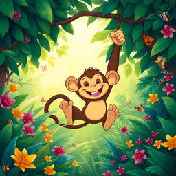 A cheerful monkey swinging energetically through a vibrant jungle