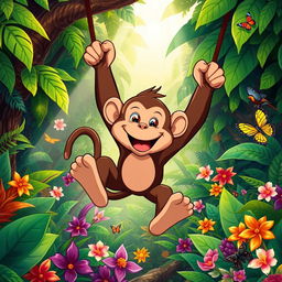 A cheerful monkey swinging energetically through a vibrant jungle