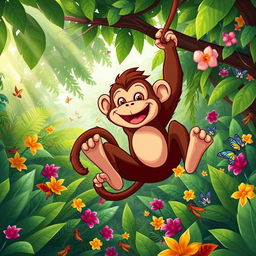 A cheerful monkey swinging energetically through a vibrant jungle