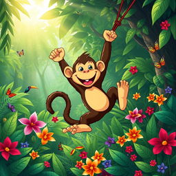 A cheerful monkey swinging energetically through a vibrant jungle