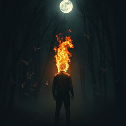 A lone man standing in a dark forest at night, visible from a distance
