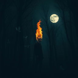 A lone man standing in a dark forest at night, visible from a distance