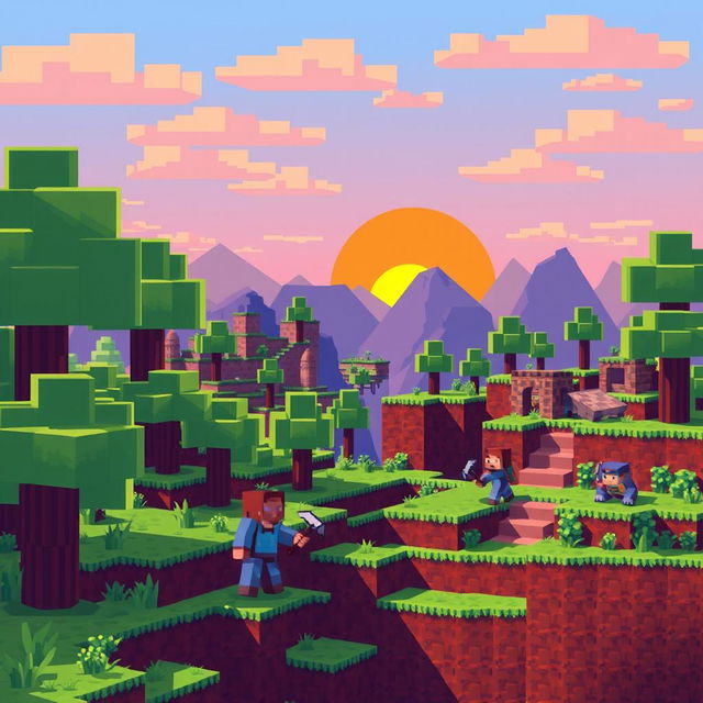 Pixel art style illustration featuring a vibrant Minecraft landscape with blocky trees, hills, and a sunset in the background, including pixelated characters exploring the environment with pickaxes and building structures