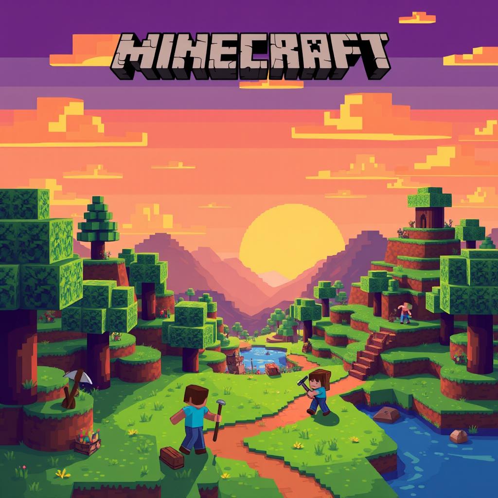 Pixel art style illustration featuring a vibrant Minecraft landscape with blocky trees, hills, and a sunset in the background, including pixelated characters exploring the environment with pickaxes and building structures