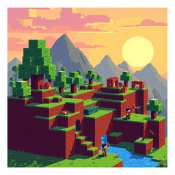 Pixel art style illustration featuring a vibrant Minecraft landscape with blocky trees, hills, and a sunset in the background, including pixelated characters exploring the environment with pickaxes and building structures