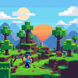 Pixel art style illustration featuring a vibrant Minecraft landscape with blocky trees, hills, and a sunset in the background, including pixelated characters exploring the environment with pickaxes and building structures