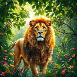 A majestic lion standing proudly in a vibrant, lush jungle, surrounded by dense green foliage and colorful flowers