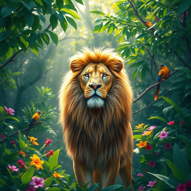 A majestic lion standing proudly in a vibrant, lush jungle, surrounded by dense green foliage and colorful flowers