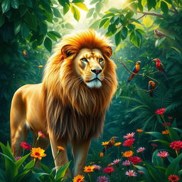 A majestic lion standing proudly in a vibrant, lush jungle, surrounded by dense green foliage and colorful flowers