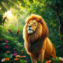 A majestic lion standing proudly in a vibrant, lush jungle, surrounded by dense green foliage and colorful flowers