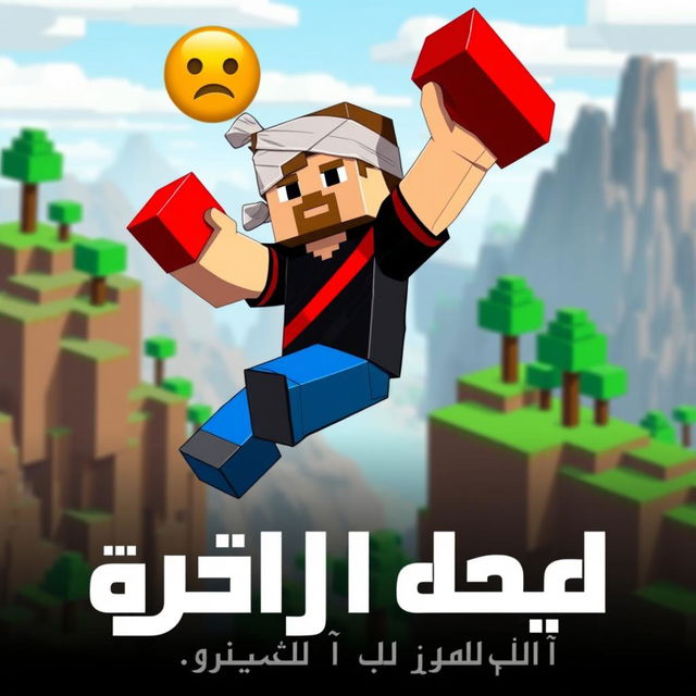 A Minecraft character mid-jump, showcasing a unique style with a bandaged head, energetically holding a vibrant red block