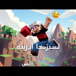 A Minecraft character mid-jump, showcasing a unique style with a bandaged head, energetically holding a vibrant red block