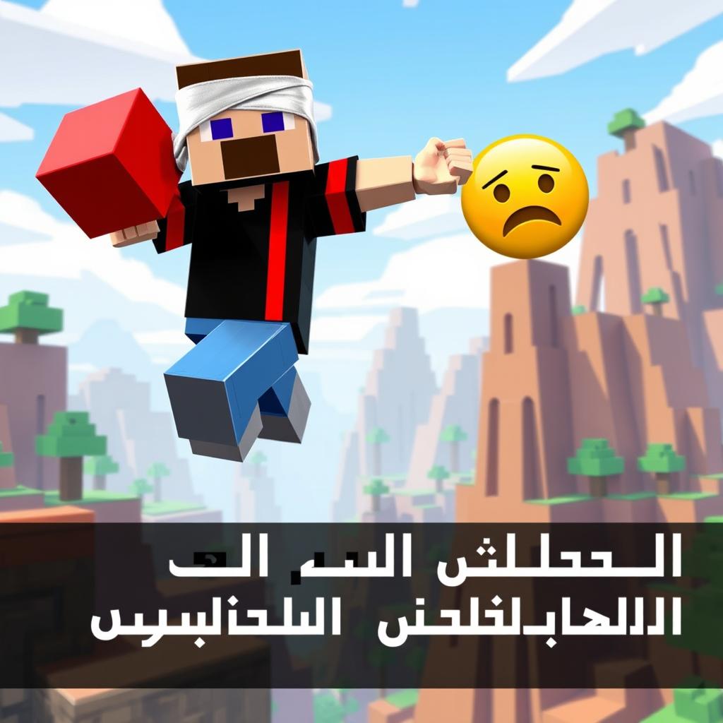A Minecraft character mid-jump, showcasing a unique style with a bandaged head, energetically holding a vibrant red block