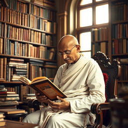 A young Mahatma Gandhi at the age of 30, deeply engrossed in reading a book