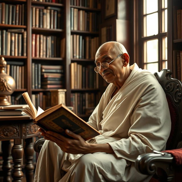 A young Mahatma Gandhi at the age of 30, deeply engrossed in reading a book