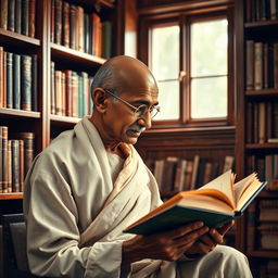 A young Mahatma Gandhi at the age of 30, intensely focused on reading a book in a serene library setting