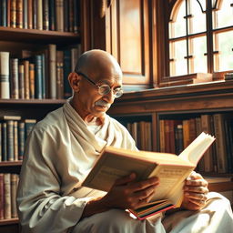 A young Mahatma Gandhi at the age of 30, intensely focused on reading a book in a serene library setting